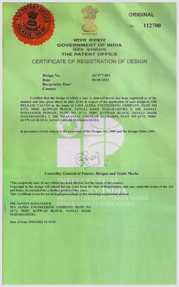 Patent Certificate Of Air Valve
